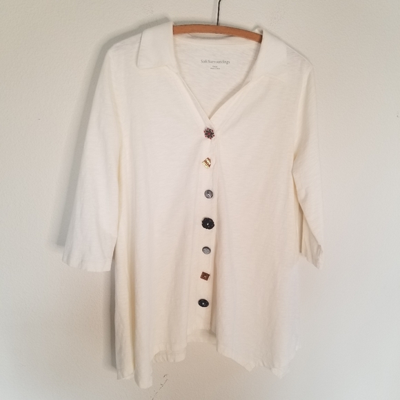 Soft Surroundings Danielle 3/4 Sleeve Tunic Creamy White Unique Buttons cotton L - Picture 2 of 9